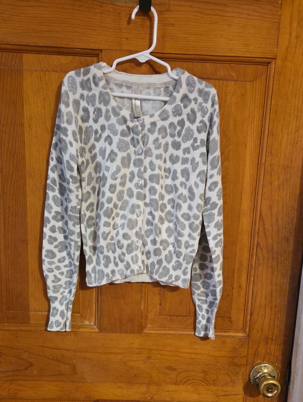 Cherokee White and Gray Leopard Print Button-Front Cardigan